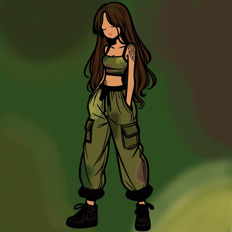 girl in baggy pants crop top and long hair