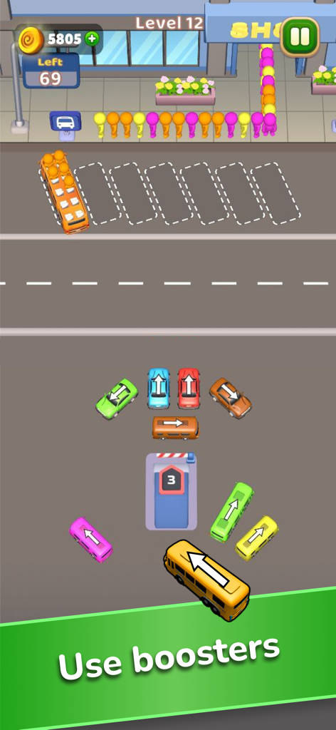 Car Jam Solver: Traffic Puzzle - Screenshot of Car Jam Solver game level showing cars and a prompt to use boosters