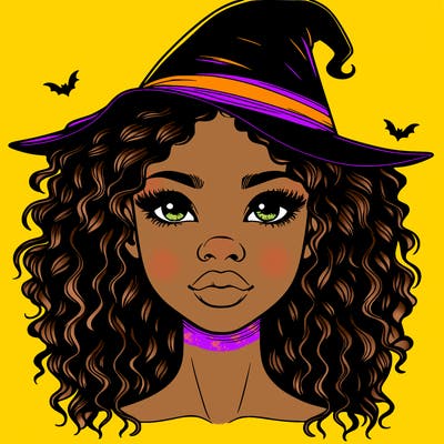 realistic black girl with wavy hair and witch hat and nose and lips