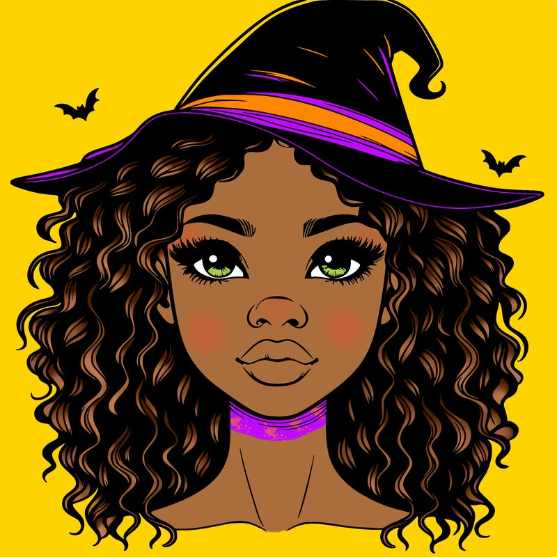 realistic black girl with wavy hair and witch hat and nose and lips