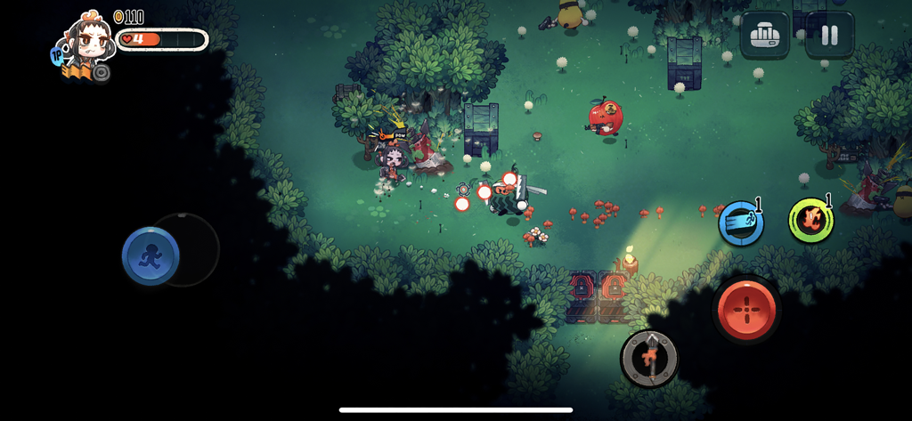 Juicy Realm - Top down shooter gameplay of Juicy Realm showing a character fighting mutant fruit enemies in a forest