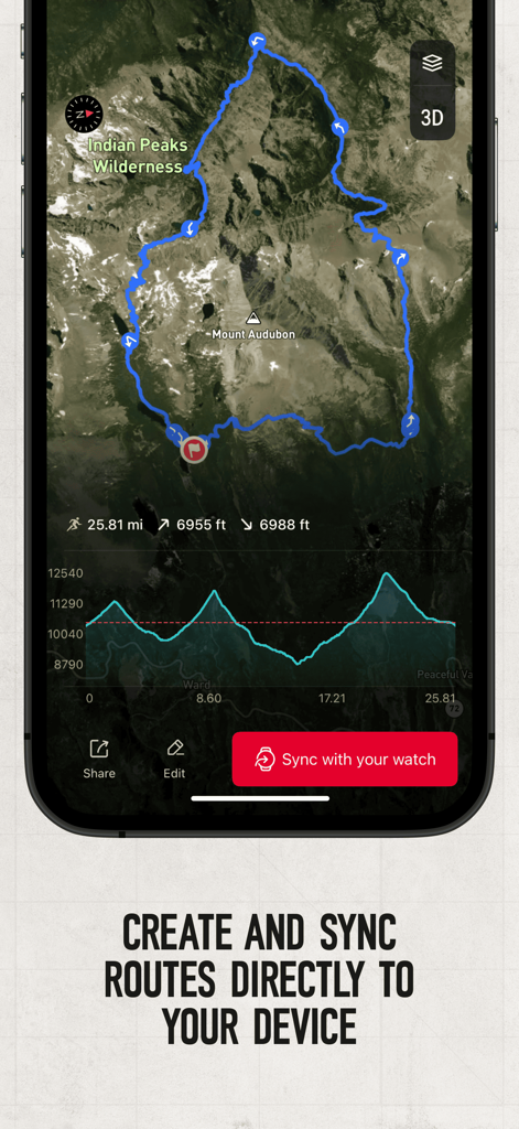 Interface de l'application COROS affichant une carte 3D de la nature avec un itinéraire de randonnée planifié et un profil d'élévation
