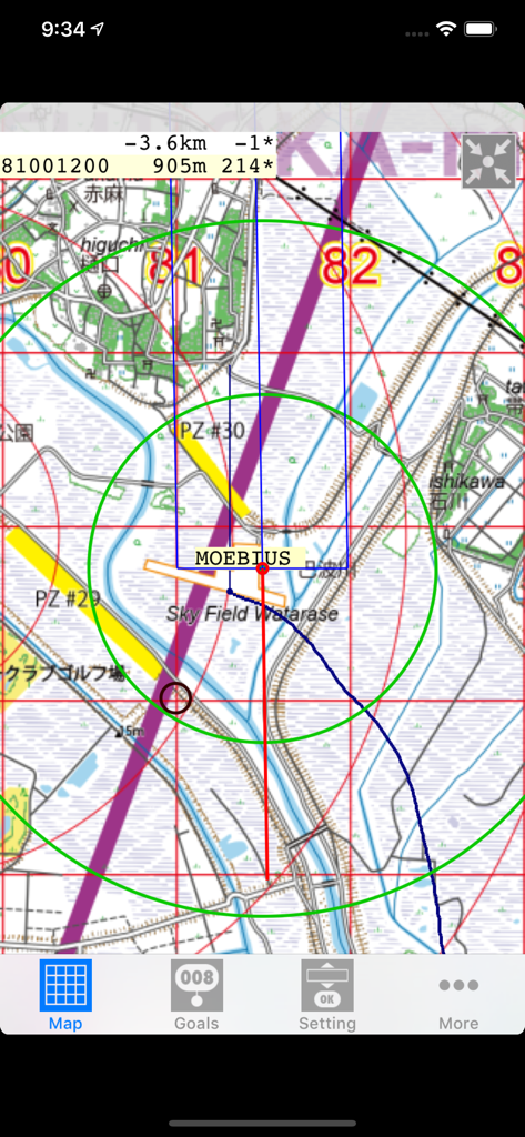 Visualização do mapa do GoalView for Chase mostrando uma grade de competição de balão com metas e trajetória de voo