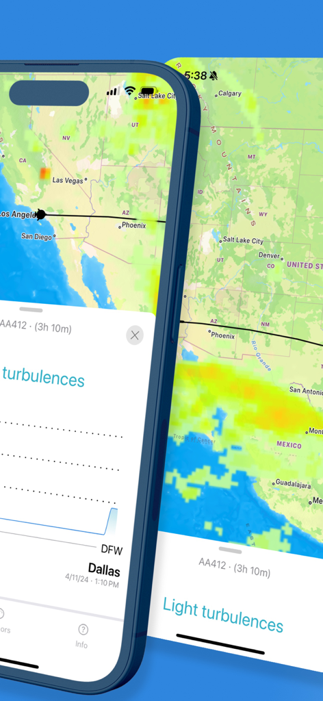 Vue cartographique montrant la trajectoire de vol et les zones de prévision de turbulences avec codes couleurs dans l'application Flying Calmly.