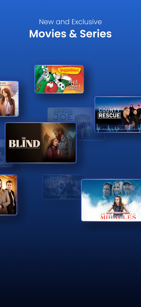 A collection of faith-based and family-friendly movie and series thumbnails on a blue background