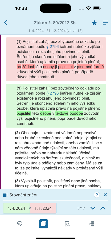 Zákony pro lidi - Zakony pro lidiアプリでのチェコ法テキストバージョンの比較。