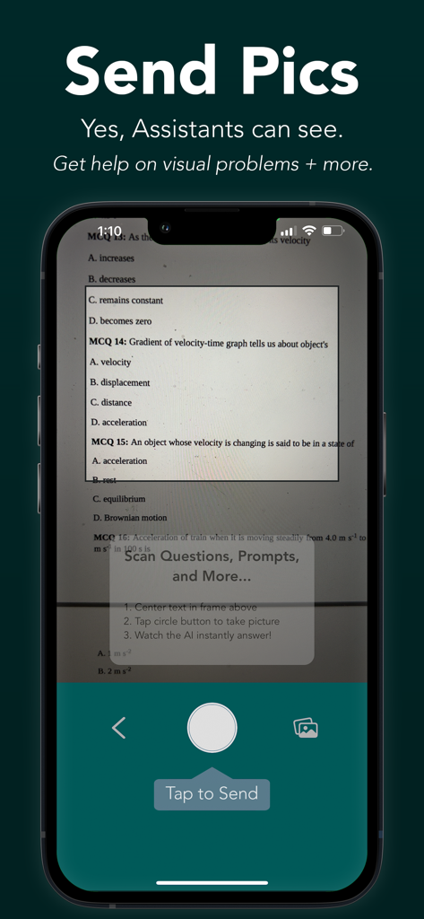 StudyAI - Web & Photo AI Tutor - StudyAI app camera interface scanning a physics homework worksheet