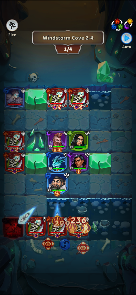 Friends & Dragons - Puzzle RPG - Gameplay screenshot of Friends & Dragons showing heroes fighting skeletons on a tactical grid in a cave dungeon environment