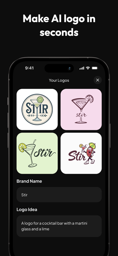 AI Logo Maker: LogoHub - Interface of LogoHub app showing four AI generated logo designs for a cocktail bar named Stir based on a text prompt