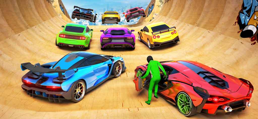 Drift Race Car Driving Games - Colorful supercars on a wooden mega ramp with a stunt driver in a green suit
