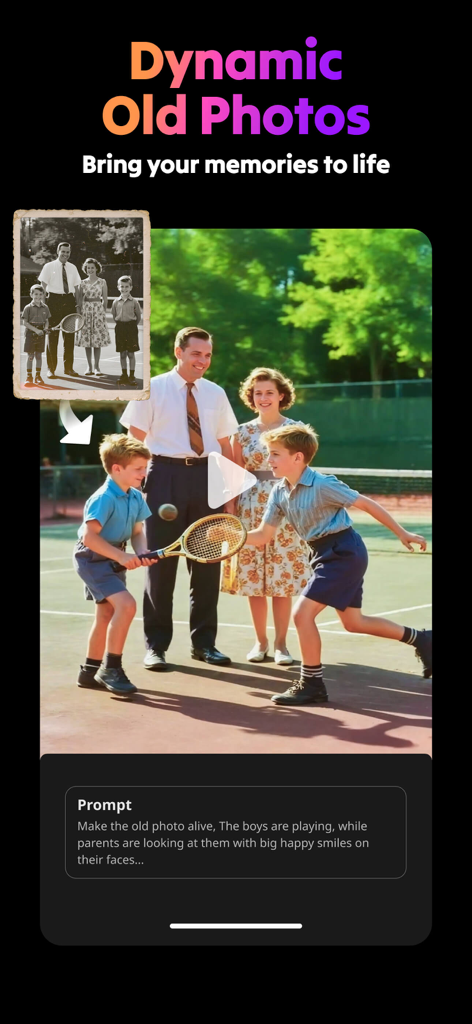 AI Video Generator : SelfyzAI - Fonction de générateur de vidéo IA dans l'application SelfyzAI transformant une vieille photo de famille en une animation dynamique