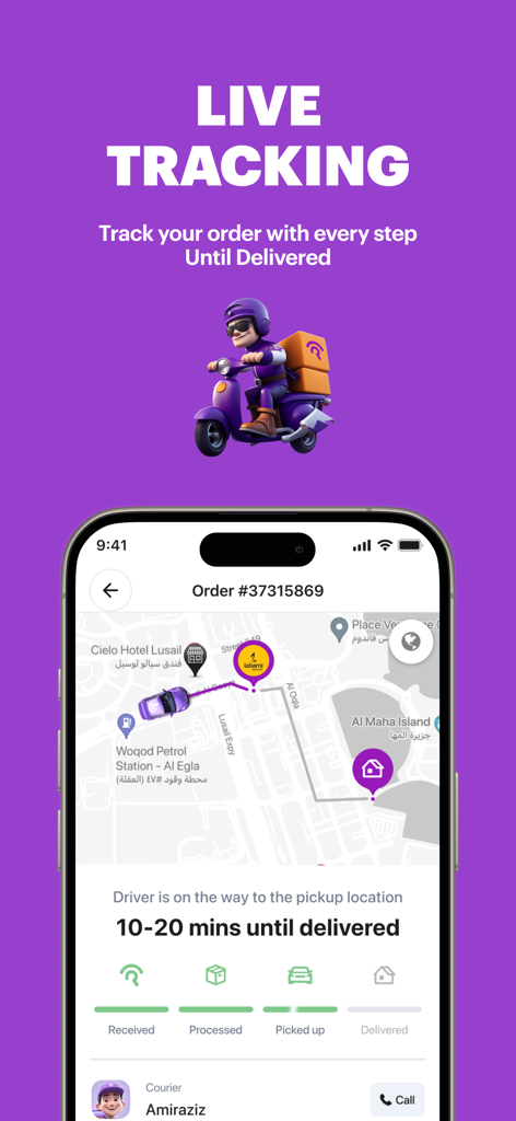 Rafeeq app interface showing real time order tracking on a map with delivery status progress