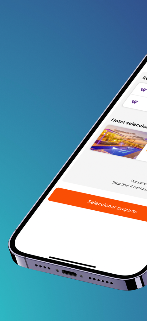 Tela do iPhone mostrando a interface do aplicativo TiquetesBaratos para selecionar um pacote de viagem de voo e hotel em espanhol
