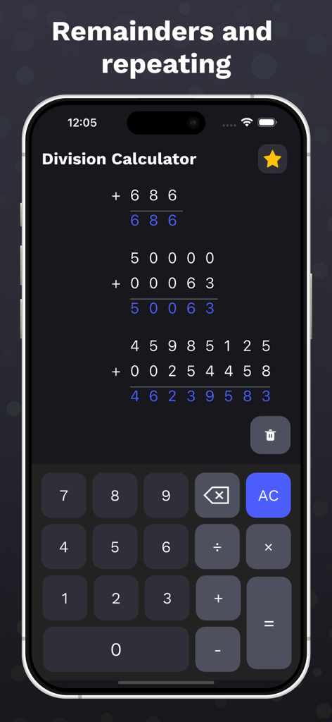 Interfaz de aplicación móvil de Division Calculator Pro mostrando cálculos de columnas de suma larga