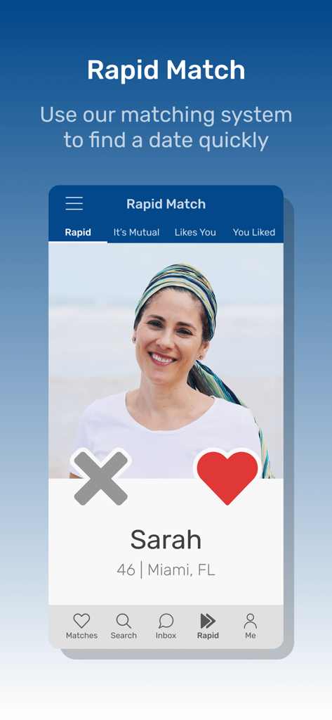 Schnittstelle der jüdischen Singles-Dating-App Rapid Match, die das Profil einer Frau aus Miami zeigt.