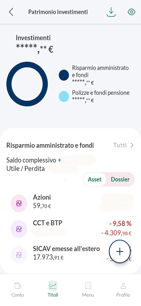 Mobile app screen showing investment portfolio distribution and financial asset details