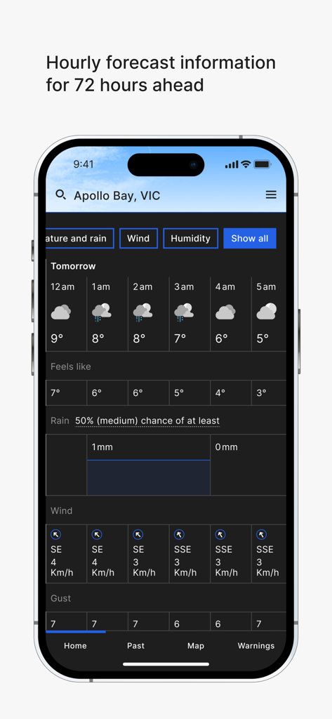 BOM Weather app displaying a detailed hourly forecast for 72 hours including temperature, rain, and wind speed.