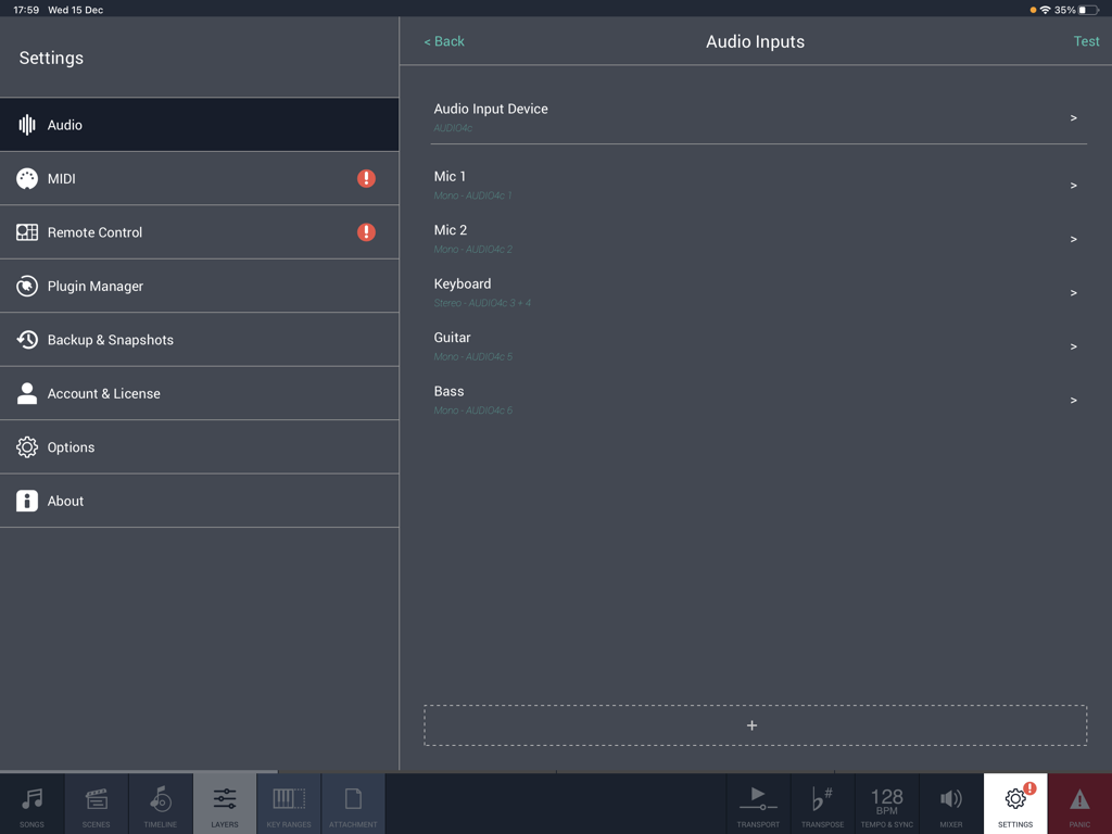 Audio inputs configuration screen in the Camelot Pro app for iPad showing mic, keyboard, guitar, and bass settings.