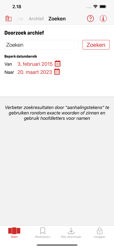 De Stentor - Digitale krant - Interface de pesquisa da aplicação de jornal digital De Stentor a mostrar opções de pesquisa de arquivo com filtros de data.