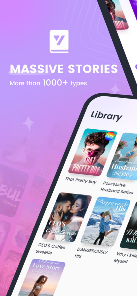 Yestory - Read Books & Booktok - Yestoryモバイルアプリのライブラリのスクリーンショット。トレンドのロマンスやドラマのウェブ小説を紹介しています