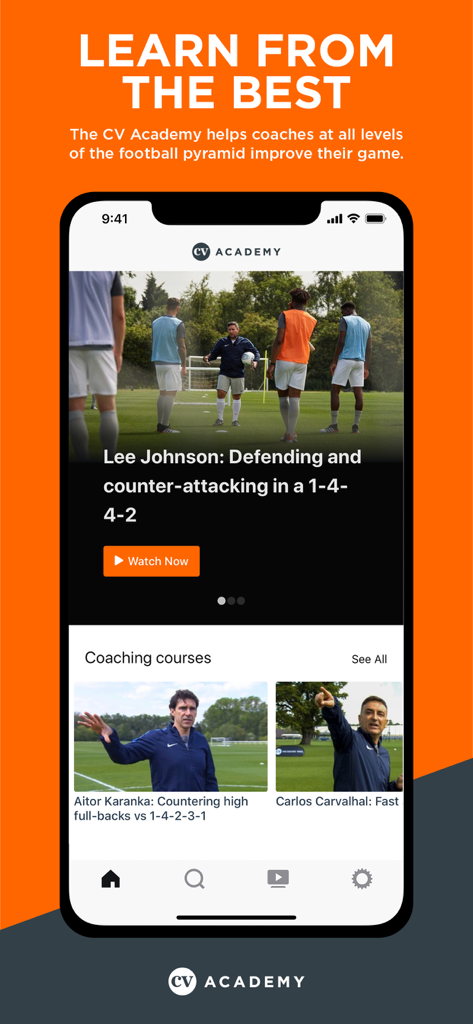 CV Academy mobile app interface displaying professional football coaching courses and tactical session plans