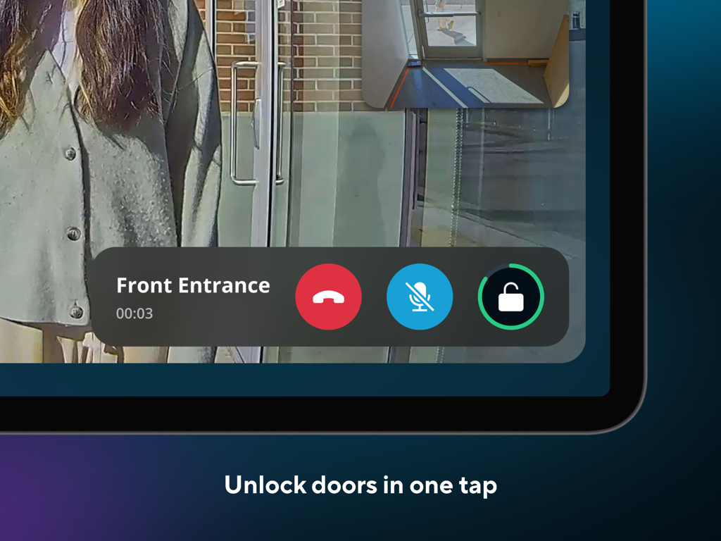 Verkada Desk Station - Verkada Desk Station app interface on an iPad showing a video intercom call from a front entrance with an unlock door button