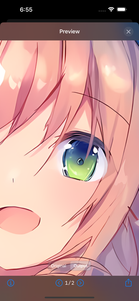 waifu2x - Vista previa de un personaje de anime escalado mostrando detalles de alta resolución