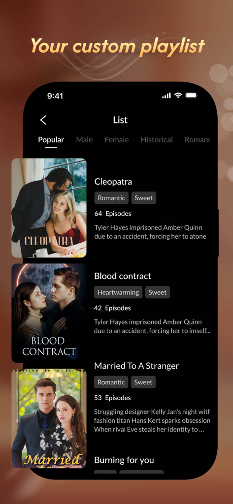 MomeShort - dramas & storyline - Interfaz de la aplicación MomeShort que muestra una lista de reproducción personalizada de dramas románticos cortos populares.
