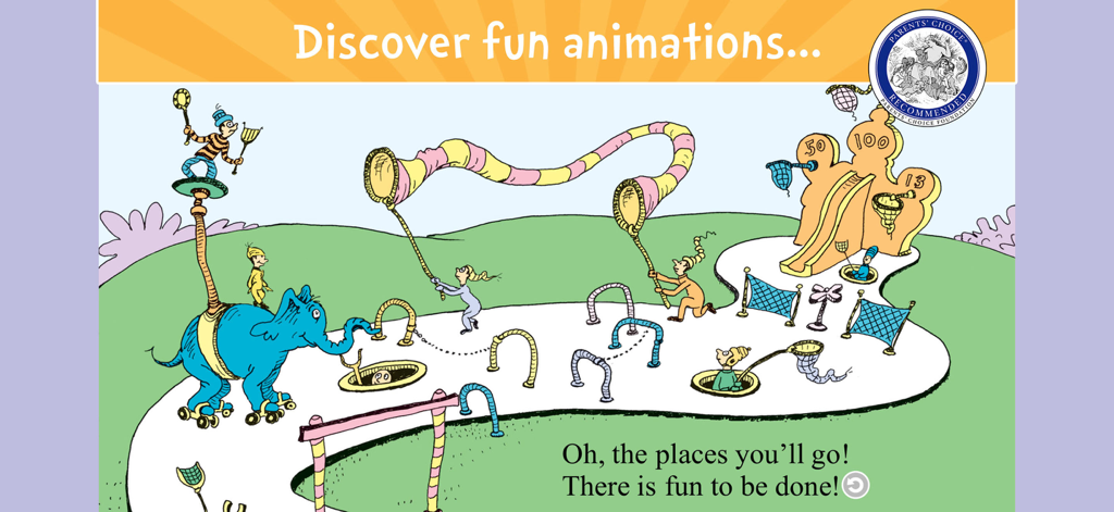 An interactive scene from the Dr. Seuss app Oh, the Places You'll Go! showing whimsical characters and fun animations