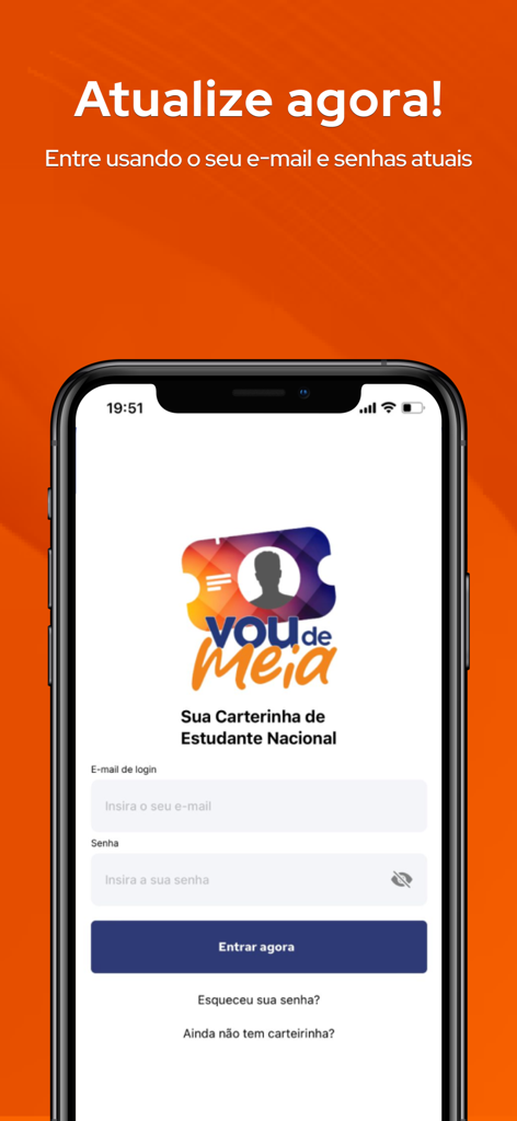 Vou de Meia - Tela de login do aplicativo Vou de Meia com campos para e-mail e senha para acessar a identidade estudantil digital