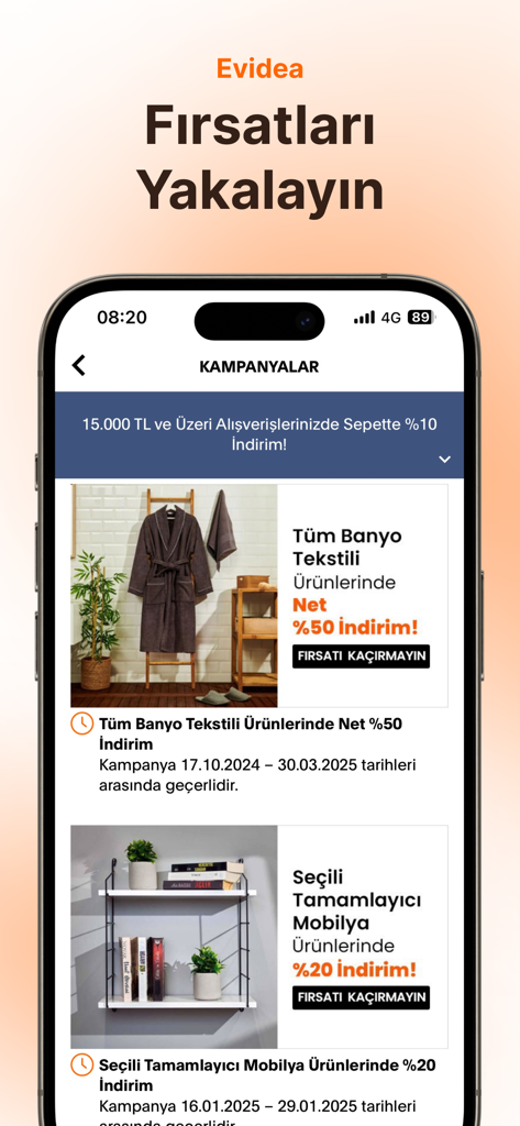 Evidea - Écran mobile de l'application Evidea affichant diverses remises et offres sur la décoration et les meubles de maison