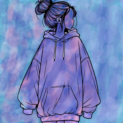 realistic girl with a oversized sweatshirt on and a bun