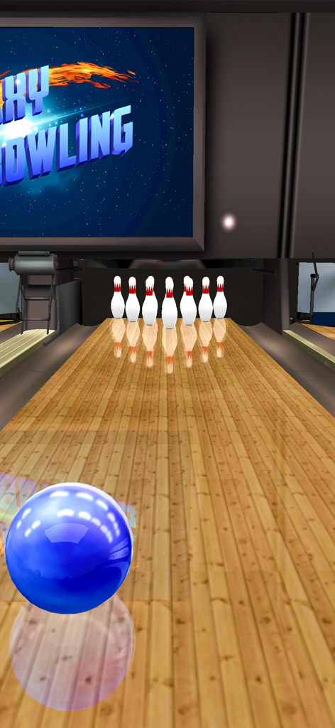 Galaxy Bowling HD - A blue bowling ball sits on a wooden lane facing white pins in a 3D bowling game.