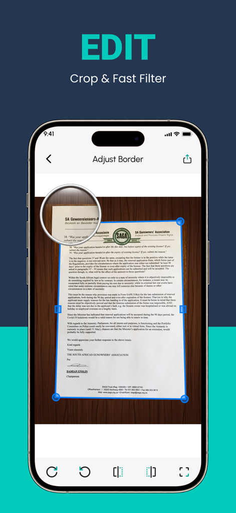 Uma tela de smartphone exibindo a ferramenta de ajuste de bordas e recorte do aplicativo ScanLuxe em um documento digitalizado