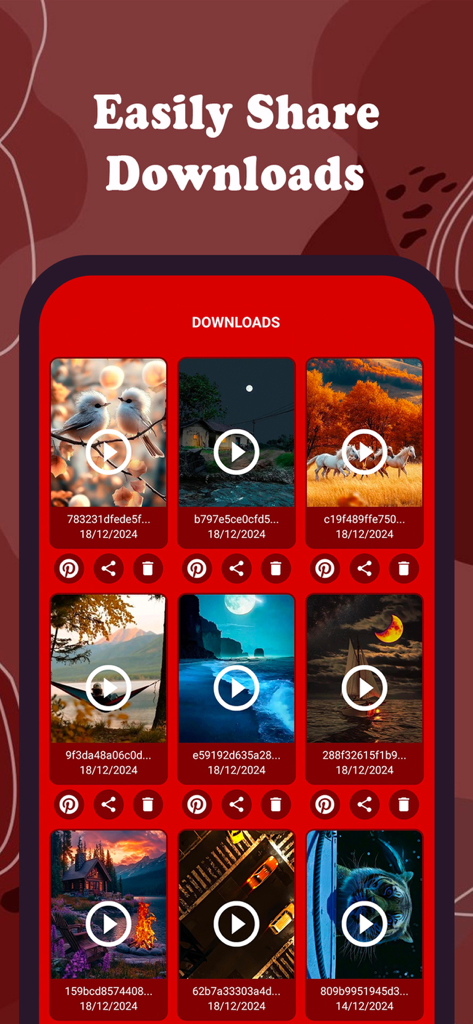 A gallery view within the Pinterest Video Downloader app showing a grid of saved aesthetic videos with sharing and management options.