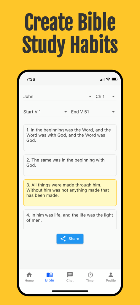 Bible Chat: by Biblely - Interfaz de la aplicación Biblely que muestra versículos del capítulo uno de Juan con una escritura resaltada para ayudar a crear hábitos de estudio bíblico.
