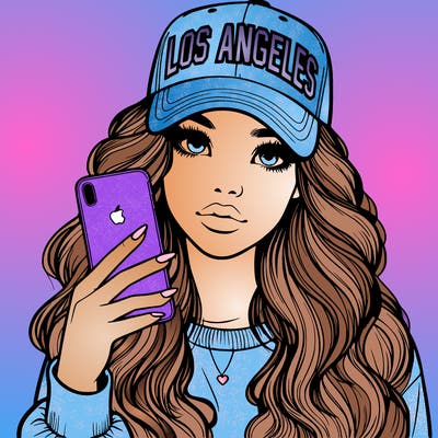 realistic beautiful girl wearing los ángeles cap holding an iphone