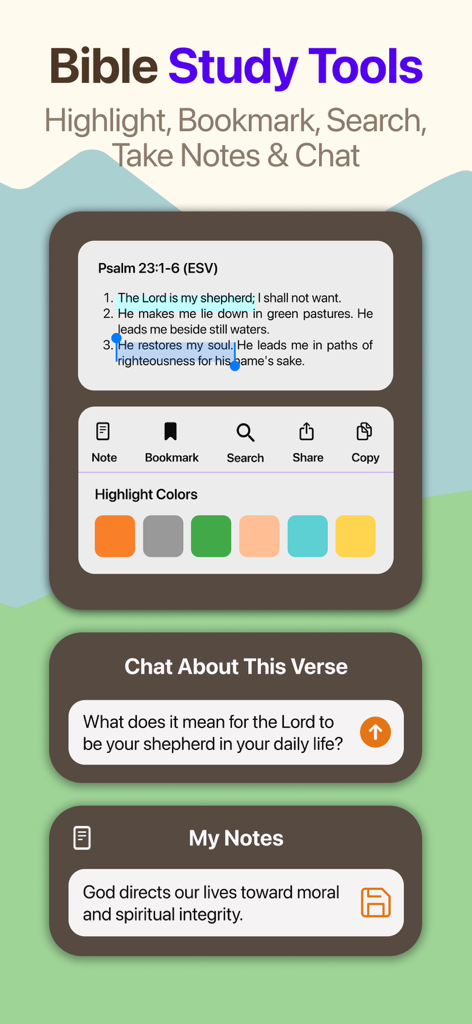 Biblical: Bible Chat & Widget - Biblical app screen displaying study tools like verse highlighting, notes, and interactive chat.