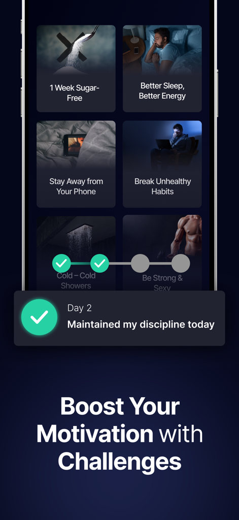 Kegel Men: Men's Health - Screenshot of Kegel Men app showing various health challenges like sugar-free living, better sleep, and cold showers to boost motivation.
