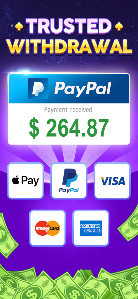 Gin Rummy Cash - Gin Rummy Cash trusted withdrawal screen showing a PayPal payment notification and logos for Apple Pay Visa and MasterCard