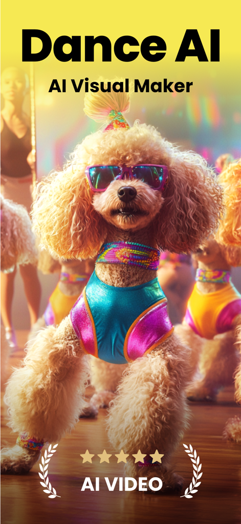 AI Dance Generator: Dance AI - Oberfläche der KI-Tanzgenerator-App mit einem tanzenden Pudel in einem bunten Outfit und einer Sonnenbrille.