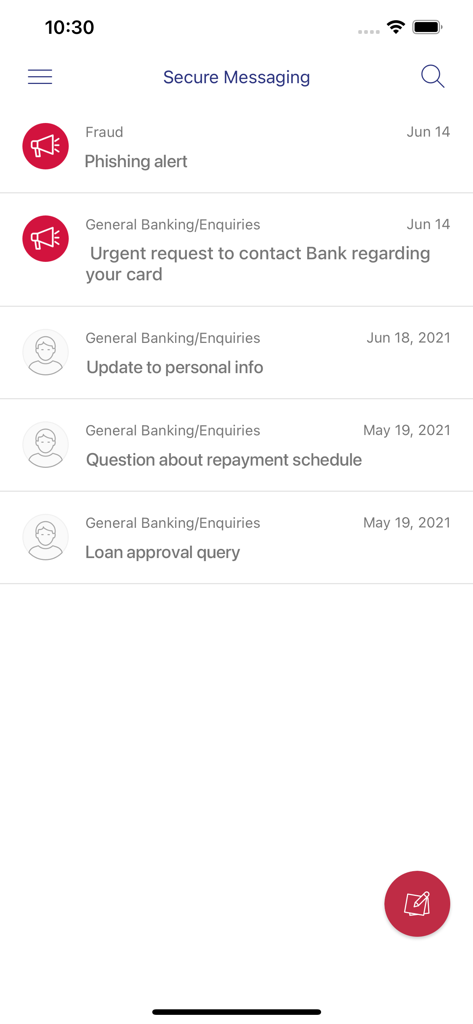 Defence Bank Mobile - Sicherer Messaging-Bildschirm mit Banking-Warnungen und Anfragen in der Defence Bank App.