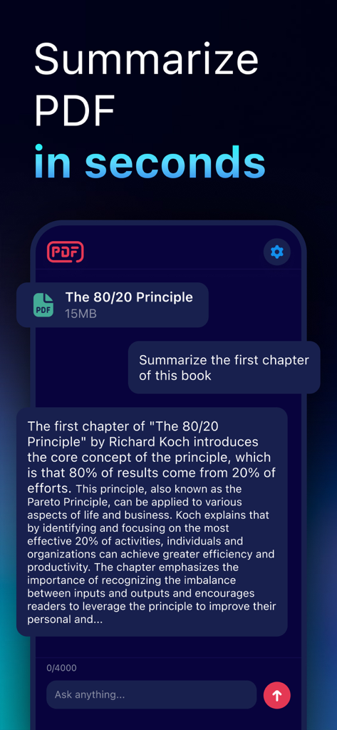 ChatPDF: Summarize & Ask PDF - Mobile Benutzeroberfläche der ChatPDF-App, die eine KI-generierte Zusammenfassung eines PDF-Buches zeigt.