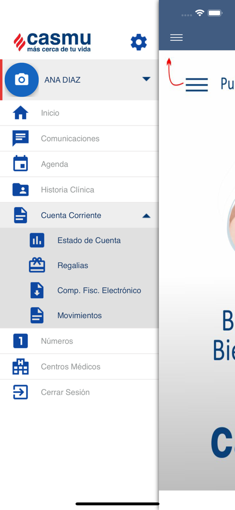 Main navigation menu of the Casmu Cerca medical app showing options for medical records and appointments