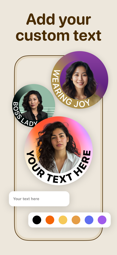 Profile picture maker - ProPic - Mobile app interface showing three circular profile pictures with custom curved text on their borders