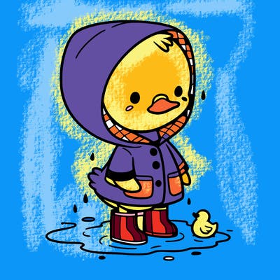 baby duck in a rain coat and boots, in a puddle while it’s raining