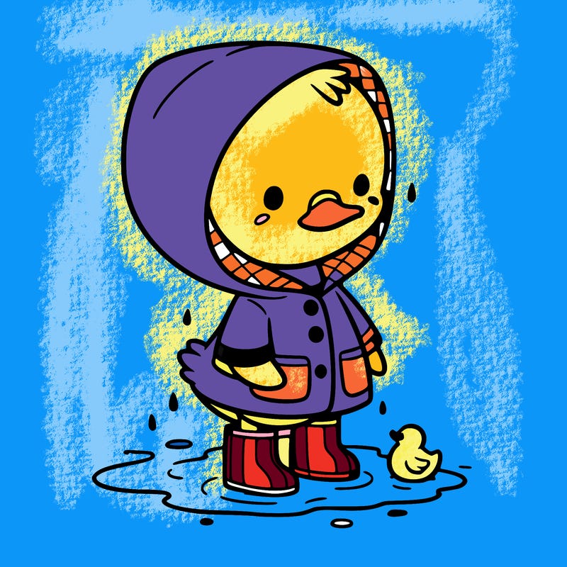 baby duck in a rain coat and boots, in a puddle while it’s raining