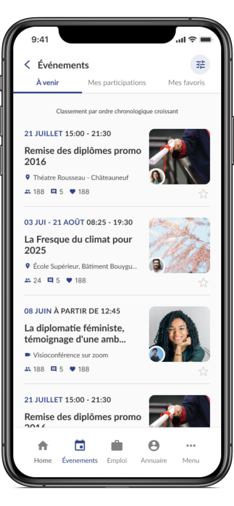 Dauphine Alumni - Mobile application screen for Dauphine Alumni showing a chronological list of upcoming professional and networking events