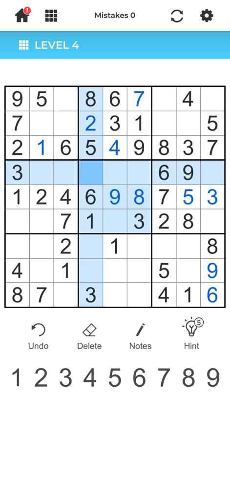 Sudoku puzzle game screen showing level four progress