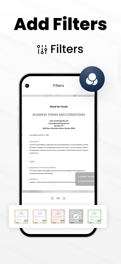 スキャンされたビジネスドキュメントのフィルター追加機能を示すPDFスキャナーアプリのインターフェース。